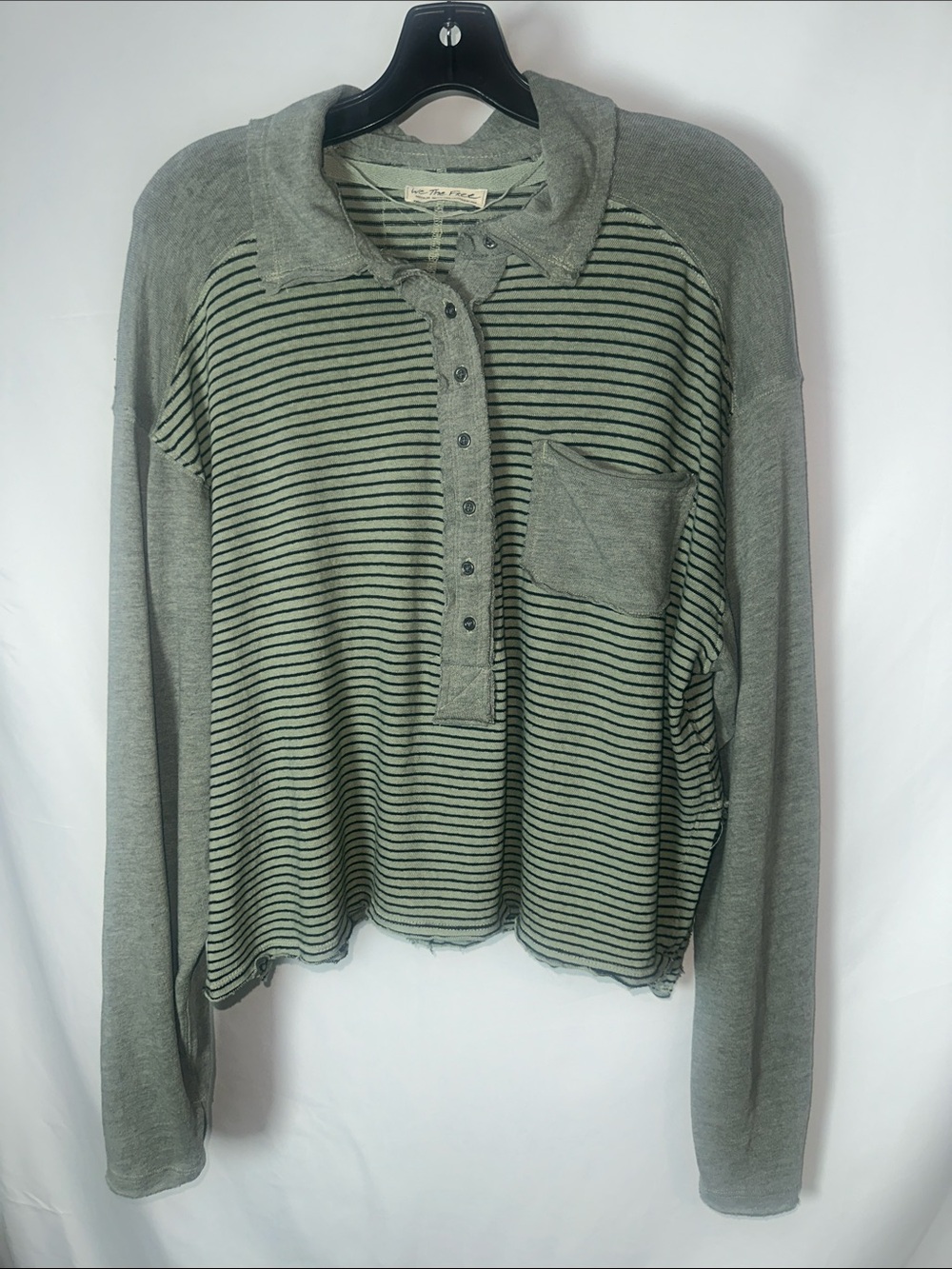 We The Free Olive Green Striped Long Sleeve Polo
